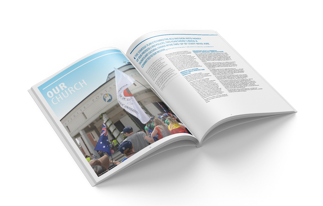 ACU annual report - open pages of annual report showing narrative and case study treatment