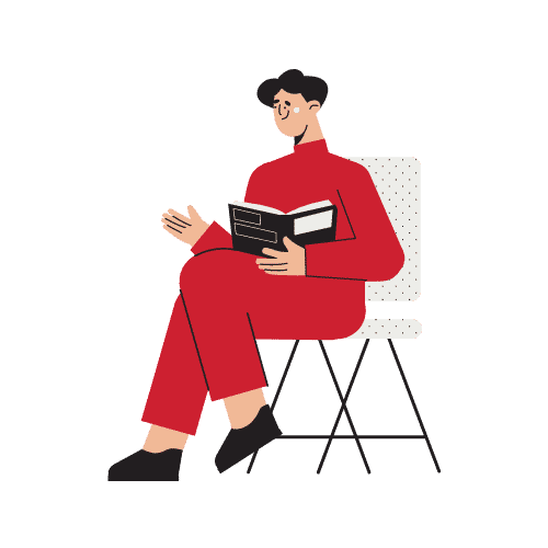 Illustration of a man in red sitting and reading a book