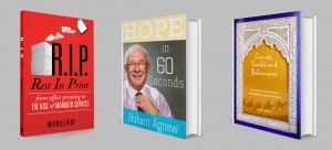 Image of 3 books on a light grey background, from left to right Rest in Print by Mitchell Filby, Hope in 60 Seconds by Graham Agnew, and Camels, Sheikhs and Billionaires by Cynthia Dearin